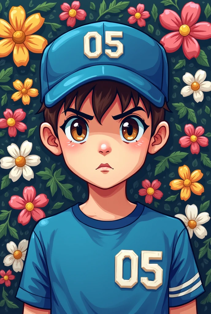 Make a boy in pixel art, with a blue shirt with a 05 in the upper right corner and a blue cap with the number 05, he has short shaved hair and he has a serious face, He has brown eyes. The background is made of flowers, everything must be in pixel art, pixel art.
Now do this same art, but without the white border on 05, but still in pixel art