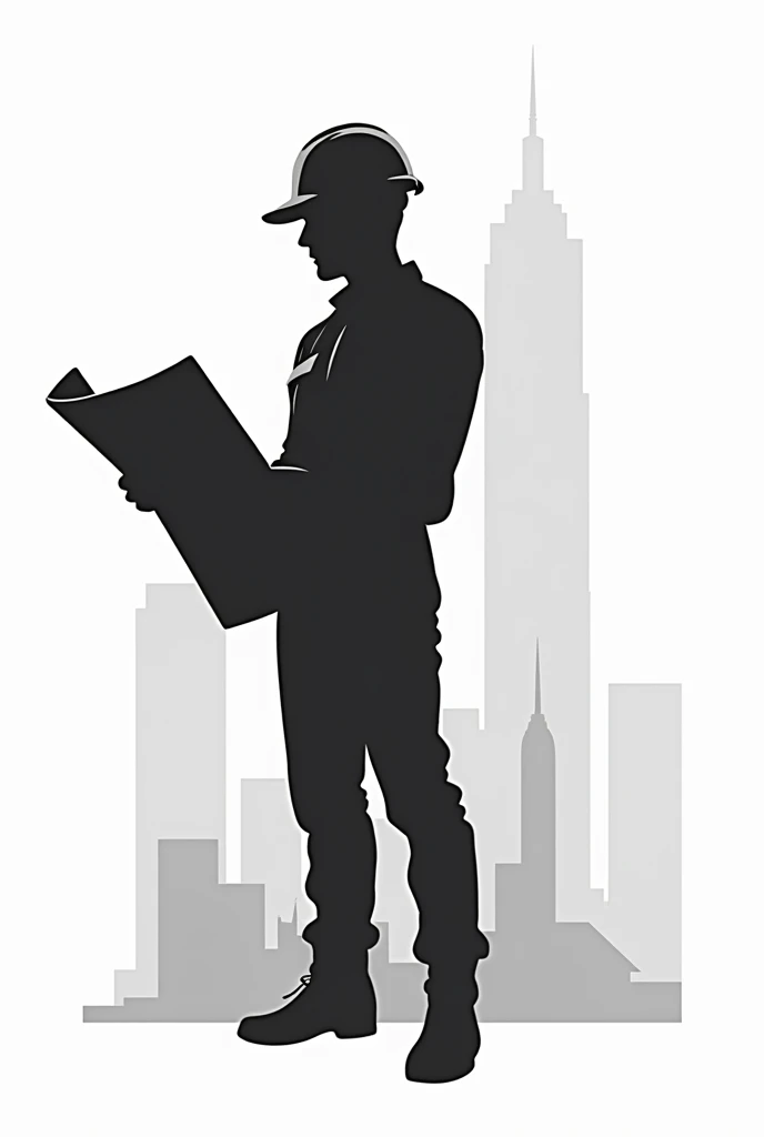 "A sleek, modern silhouette of a construction worker holding a blueprint, symbolizing precision and planning. The logo features clean lines, a monochrome color scheme, and a minimalist style. The medium is vector art."