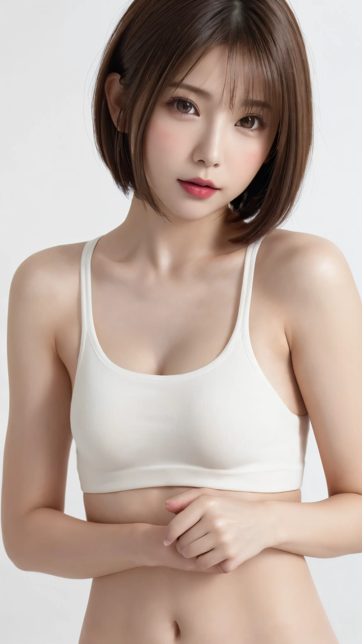 ((Close-up of face:1.6)、((Naked Women:1.5))、((No underwear:1.5))、((Small, flat chest:1.7))、((Nipples visible through tank top:1.4))、((Short Bob Cut:1.4))、((Apply beautiful makeup:1.5))、(((amount、Small breasts、Round face、White blonde Hair、beautiful girl、blonde、White Background、cute、young、True Face、Shiny Hair、whole body)))、Tabletop, Highest quality, shape, Very detailed, finely, High resolution, 8k wallpaper, Perfect dynamic composition, finelyて美しい目, Deco Out,blonde, Medium Hair, Small breasts, Natural color lip,White Background,