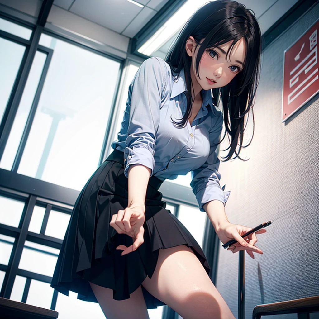a beautiful office lady with black hair, wearing a flared skirt and a shirt, embarrassed facial expression, mature, (upskirt view from low angle:1.0), pastel panties,(1 person:1.5),(upskirt:1.5)
