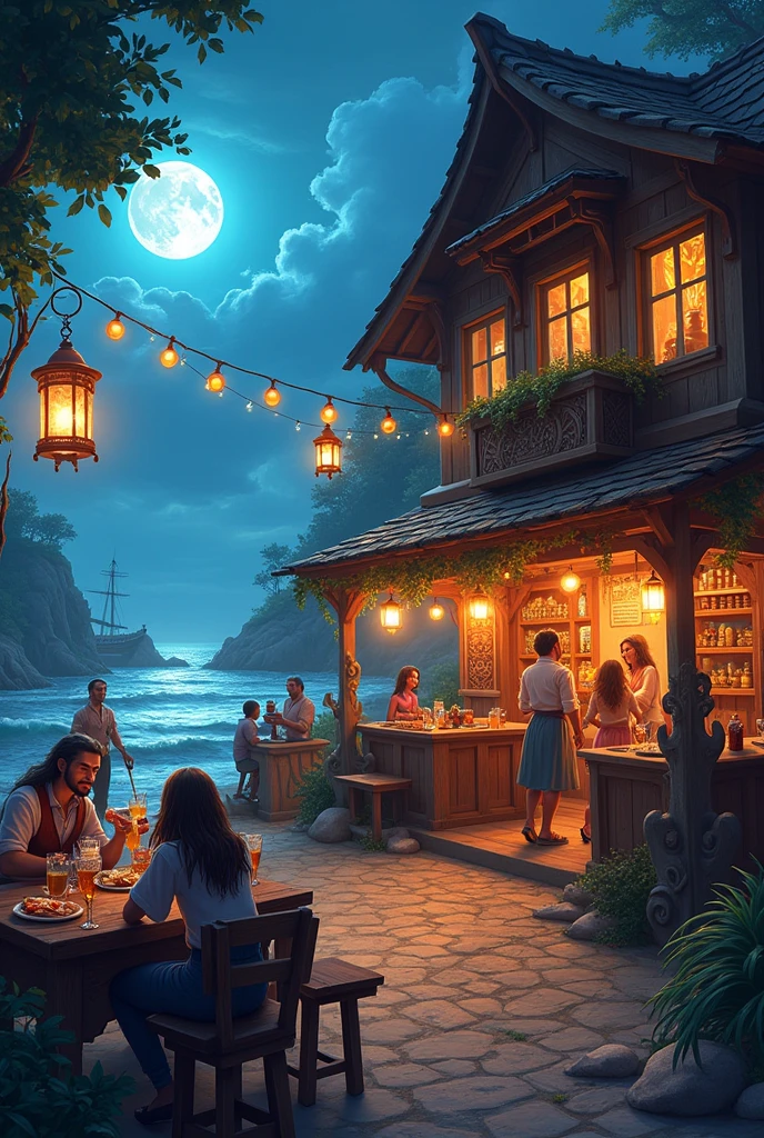 Fantasy、Seaside、Tavern、bright、busy、night、wooden