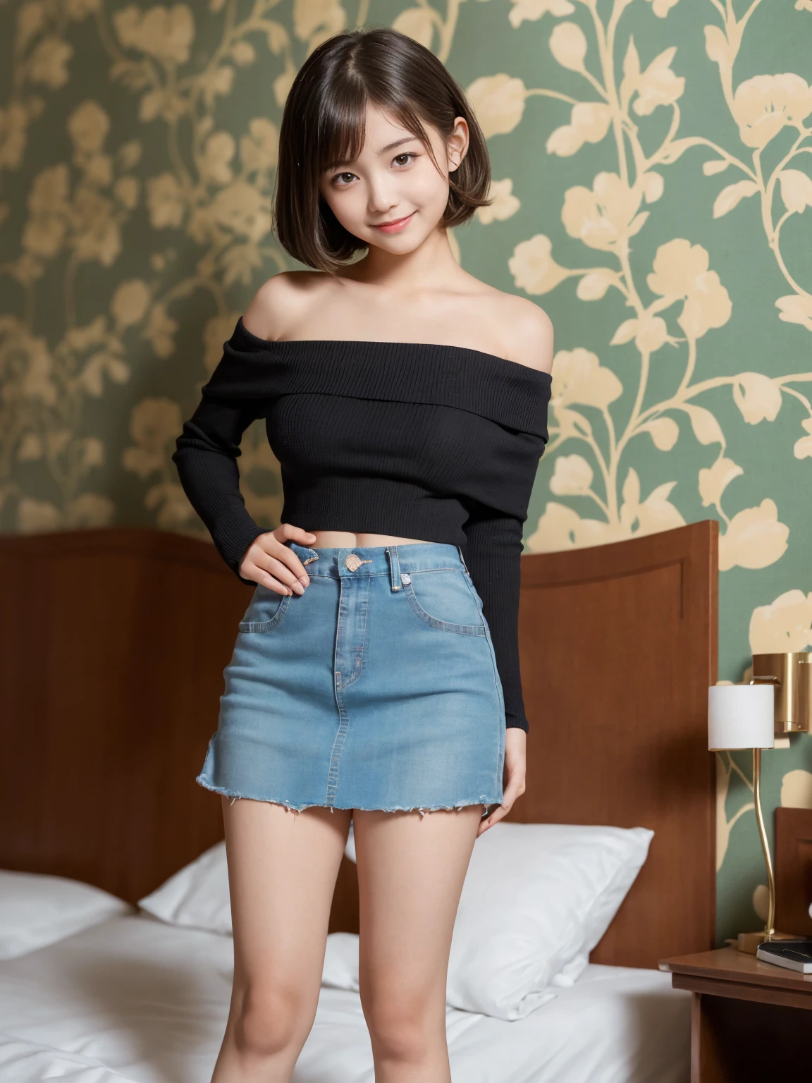 masterpiece, Highest quality, figure, Very detailed, The finer details, High resolution, 8k,wallpaper, Perfect dynamic composition,(Detailed high quality:1.3)、Seraphim, (The background is an empty hotel bed:1.3), Deep in the field, Black hair color, Big Natural Color Lip, (Perfect figure), (smile)、Harajuku Style, Adorable expression、Expressions of happiness、Amazingly cute、Cute type、Beautiful feet, Idol Sculpture、(Big Breasts:1.5)、(Off-the-shoulder business shirt:1.3)、(mini skirt:1.3)、(Erect nipples:1.2)、(Young face:1.5)、(:1.5)、(Primary scho stature:1.5)