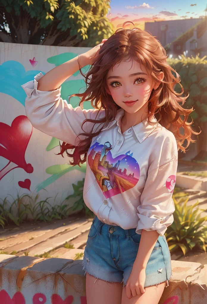 Cute girl around  standing on the edge in front of a wall with graffiti, playful expression, sly smile, brown hair, dynamic angle, looking at viewer, making hand heart, sunset, (Cute, Lovely, Attractive: 1.2), (Surreal, Realistic Detail: 1.37), (Best Quality, 4k, 8k, High Resolution, Masterpiece: 1.2), Highly Detailed, (Vivid Colors, Bokeh)