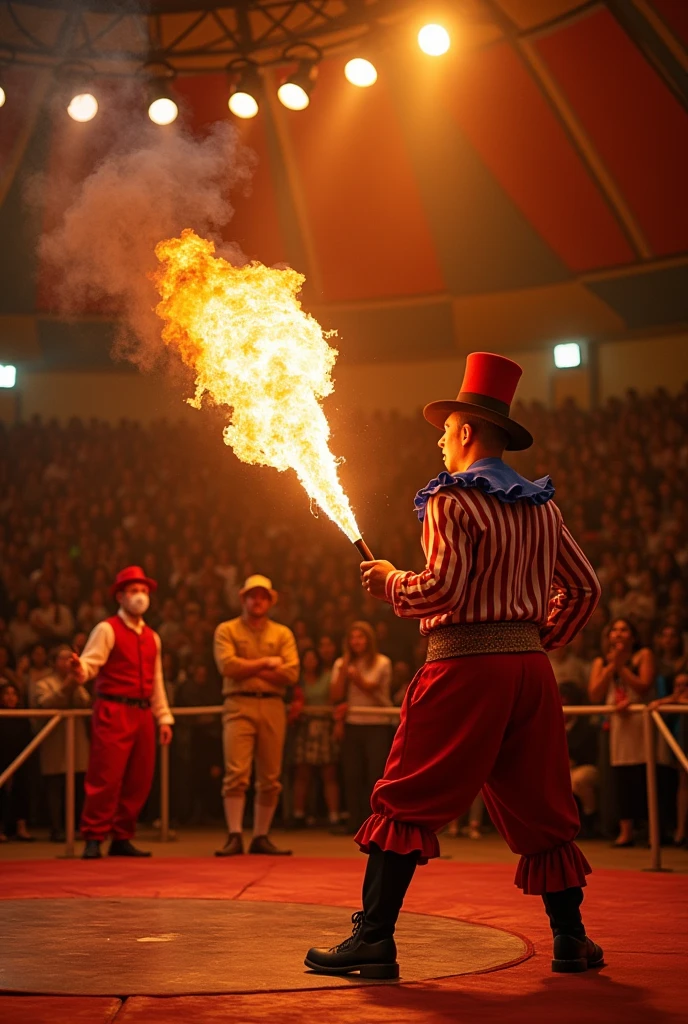 Circus with fire, a lion tamer, Clowns