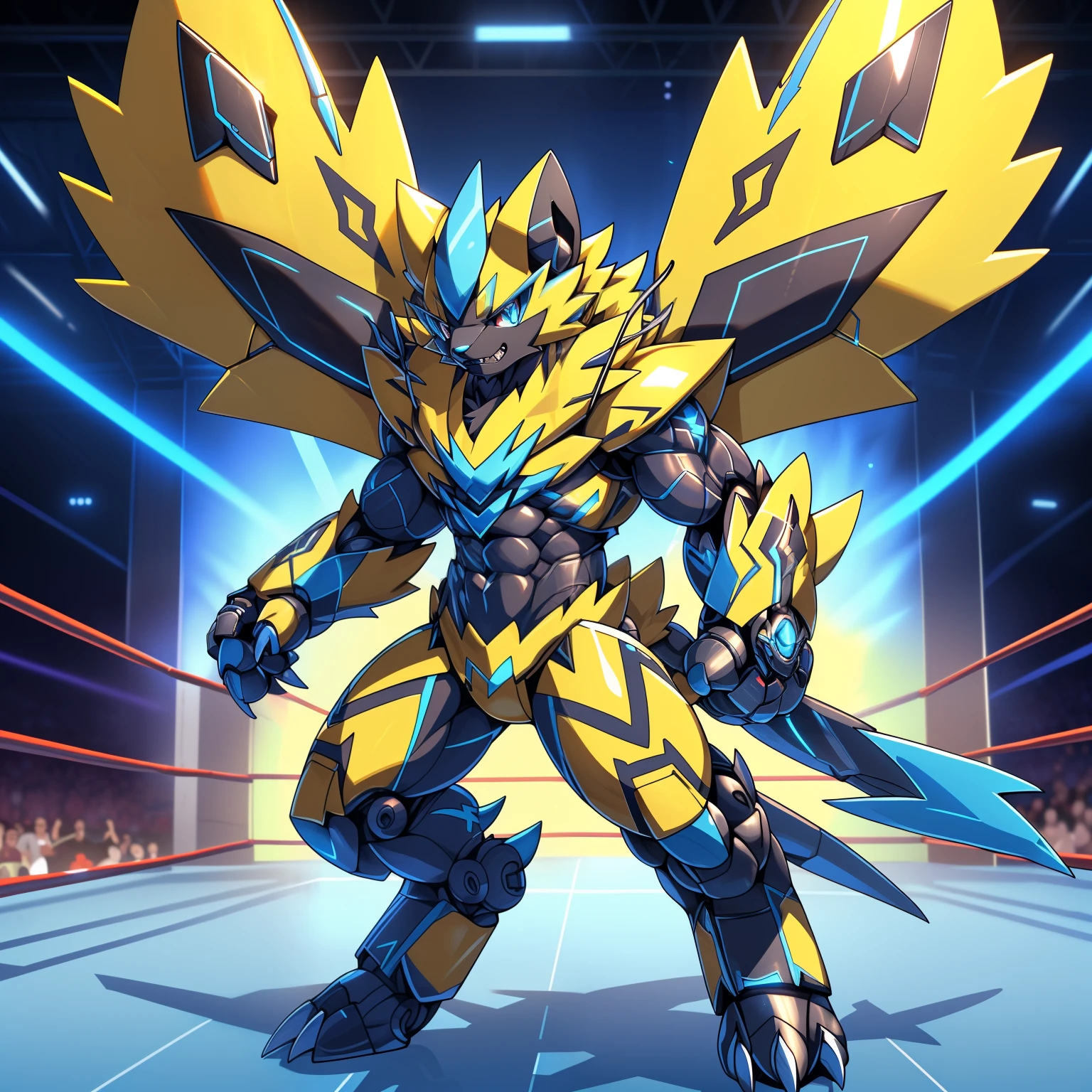 (ZERAORA, 8K), (Zeraora's giant robot, Powered exoskeleton with the same design as Zeraora), (Masterpiece, highres) (Detailed head, Detailed Body, Detailed abs, full body), (nj5furry, The claws are sharp, Sharp teeth, sharp claws), (long legs), (Spread wings, It has wings, have big wings, golden wings), (Wrestling, wrestler, the bodybuilding), (It has wings, whole body shines like metal, Wearing cyberpunk mecha, emphasizes the muscles, suit fully made of metal, intricate armor, Robotic suit, suit fully made of metal, cyborg), menacing pose