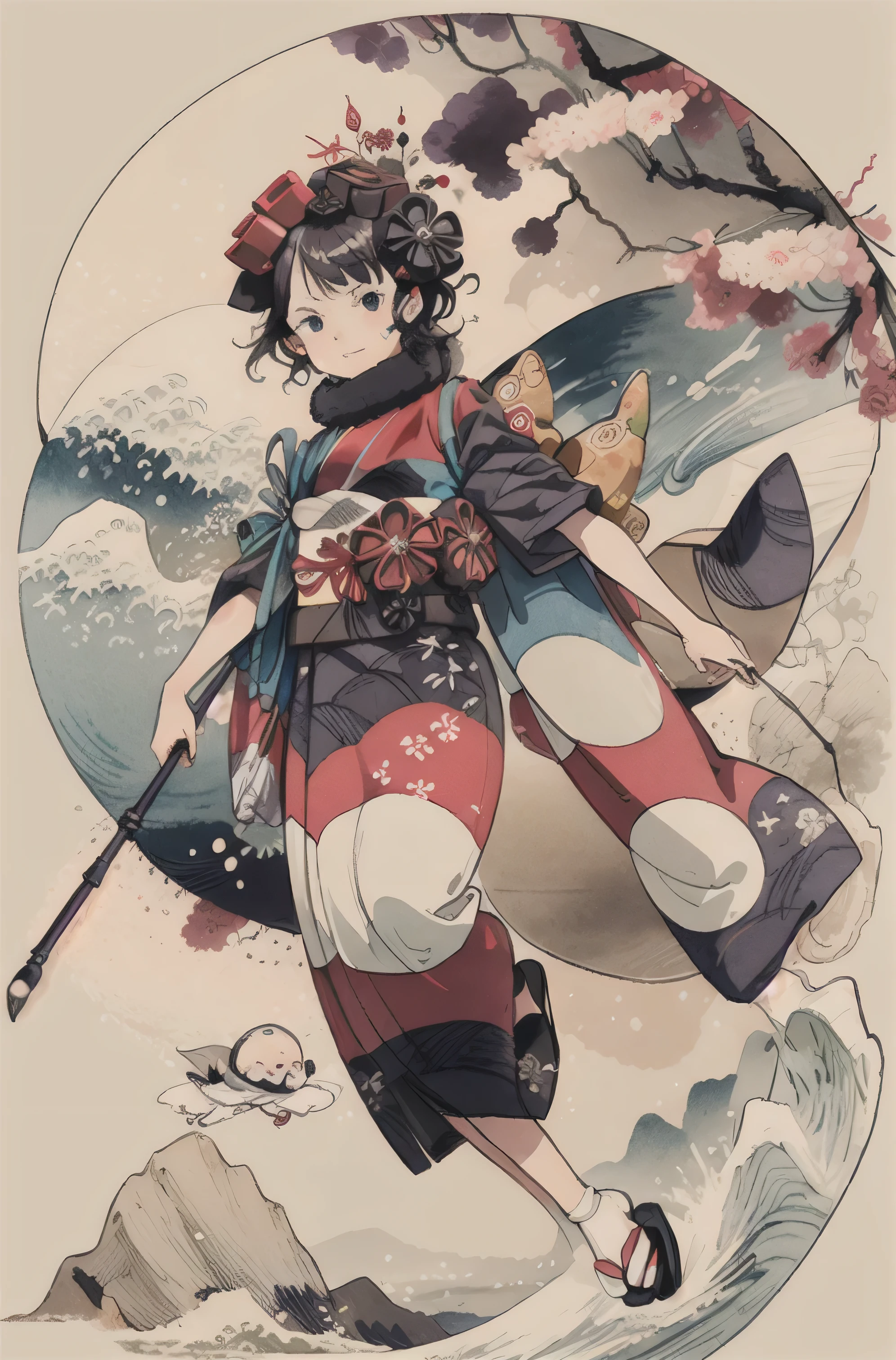 masterpiece,best quality,1girl,katsushika hokusai \(fate\),kimono,obi,hair flower,sandals,tabi,hair stick,fur collar,tokitarou \(fate\), cute ukiyo-e, 