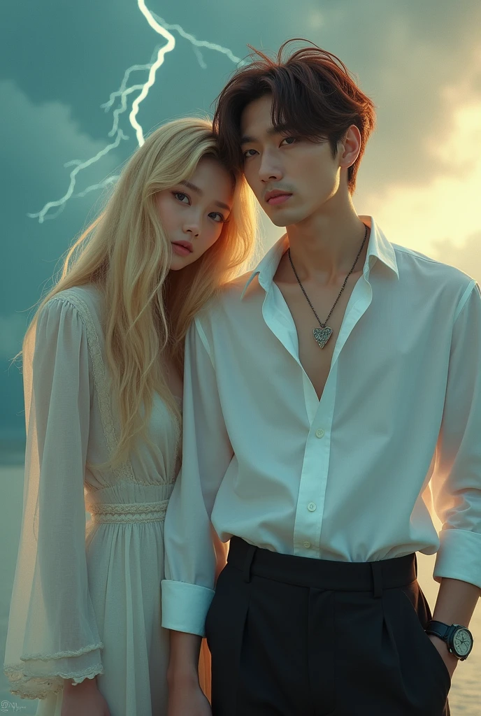 film poster, borboleta, Science fiction, film, atmosphere, sky, mascle and femascle couple, Blonde and long-haired woman, grown-up, (真实感: 1.4), Maximum quality, work of art, mascle, fine tune, (1 men, white loose shirt, black pants, spectator watch, chestnut hair, grey-eyed, cloused mouth, trunk), (idol face, korean face, Sharp Eyeliner) (mascle), (Facial Focus, I could, Lightning in the film, (light spring theme, short hair man),((close-up of femascle face on background of man standing in foreground))