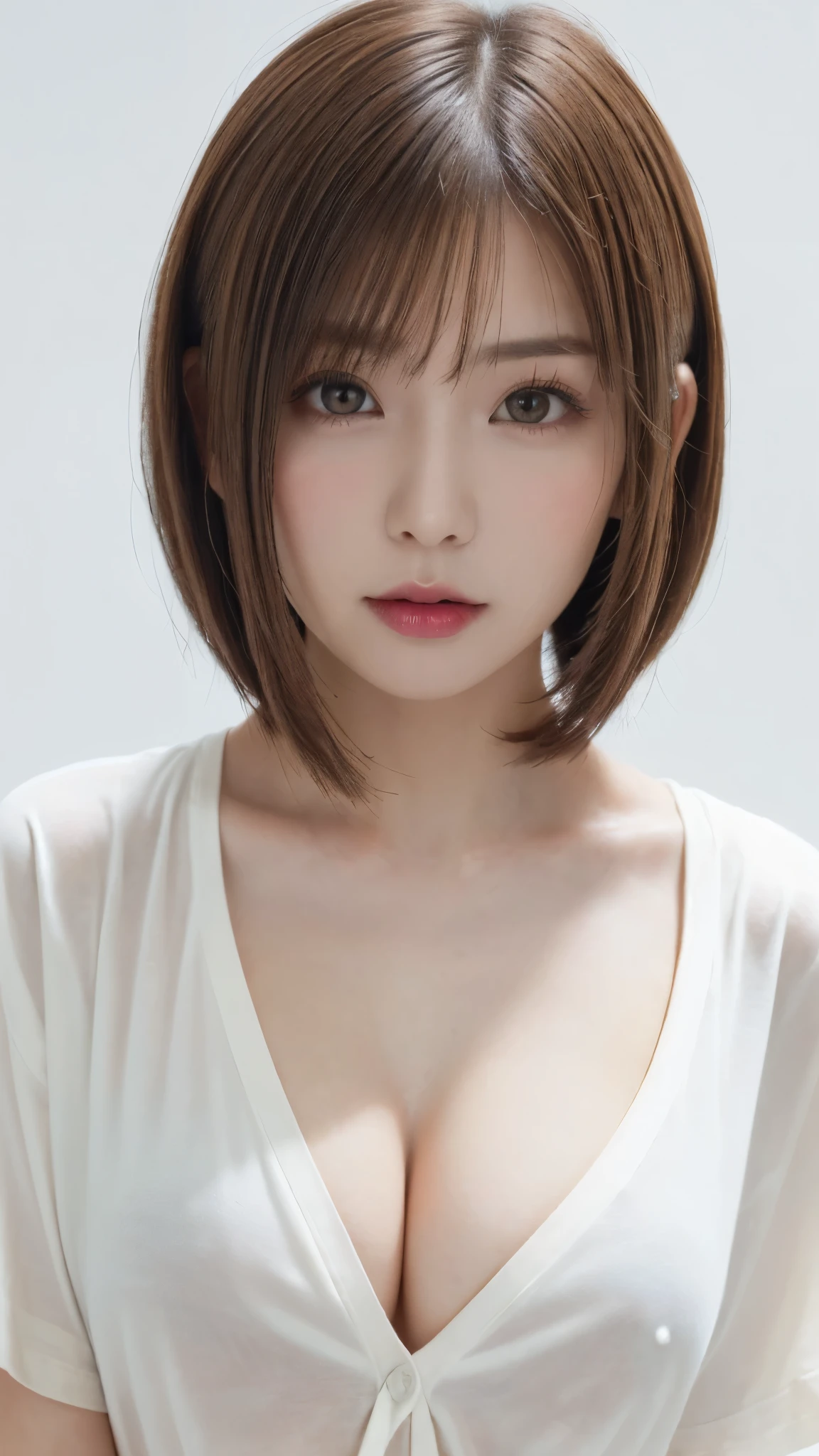 ((Close-up of face:1.6)、((Naked and wearing an oversized shirt:1.5))、((No underwear:1.5))、((Small, flat chest:1.7))、((Nipples visible through oversized shirt:1.4))、((Short Bob Cut:1.4))、((Apply beautiful makeup:1.5))、(((amount、Small breasts、Round face、White blonde Hair、beautiful girl、blonde、White Background、cute、young、True Face、Shiny Hair、whole body)))、Tabletop, Highest quality, shape, Very detailed, finely, High resolution, 8k wallpaper, Perfect dynamic composition, finelyて美しい目, Deco Out,blonde, Medium Hair, Small breasts, Natural color lip,White Background, 