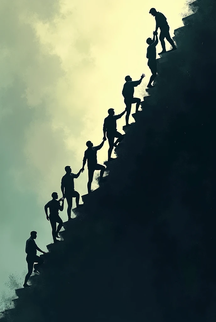 Silhouettes of people climbing a giant staircase with uneven steps and turning around to help others climb up
