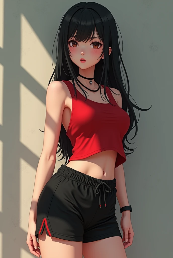 A girl in a red sleeveless sports shirt,a black short that reaches her ass,She has big tits and a big ass,She's a little skinny,has black hair,has white skin,he is ,It's a little sideways,She has a black necklace on her wrist