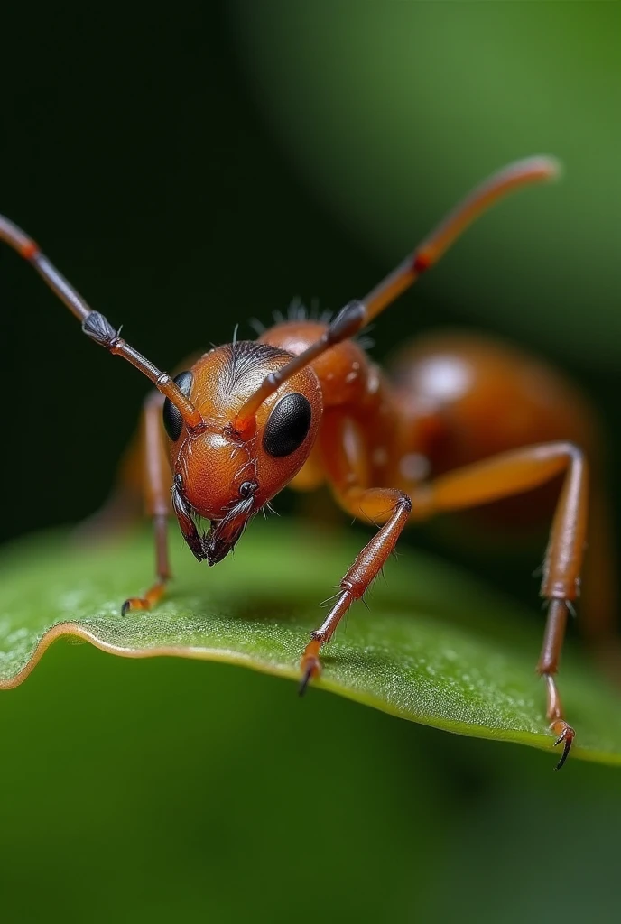 An ant, zoom ultra, all the details of the paws, the whole body of the ant, trying to escape from a spider web, focus on head and antennas, she holds a leaf, work of art, Leonardo da Vinci, high shade content, nitidez nos detalhes de the whole body of the ant