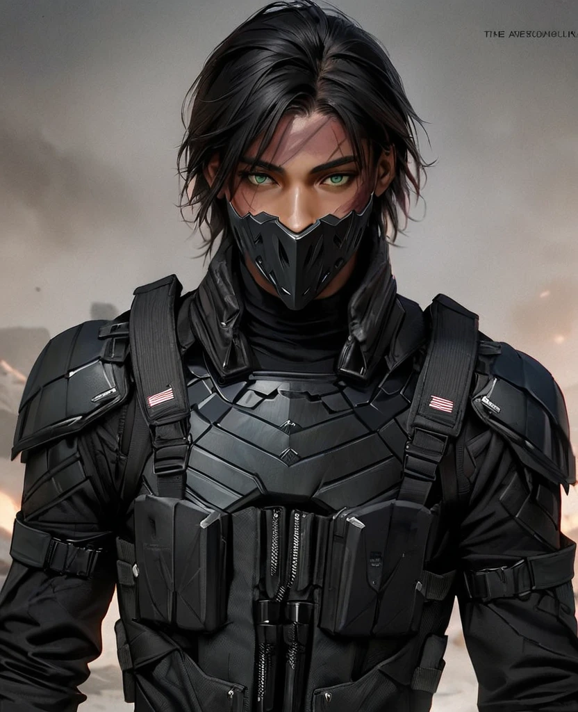 masterpiece, best quality, realistic, african american man, 1man, quiet young man, 21 years old, the winter soldier, burn scars on skin, burn scars on face, eyes visable, black skin, masculine features, fit, looking worn down, dark skin, kevlar armor (like swat), Post-apocalypse, doomsday wasteland style, fingerless gloves, gloves, belt, full body, armor, standing, simple background, military kit, mask that covers his lower face, vigilante, slight western aesthetic mixed with modern aesthetic, daredevil, green eyes, scars on face, burn scars on face, full modern body armor, black noir from “the boys”