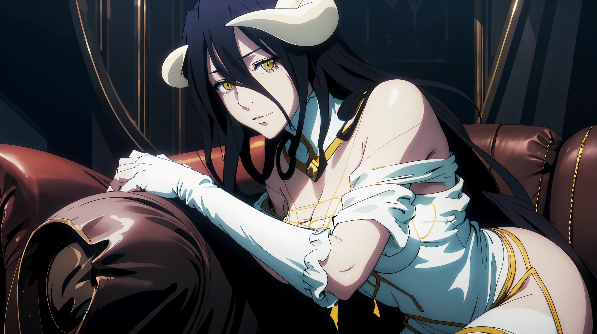 raw oil painting/A masterpiece of modern digital ANIME art in 2.5 D style.Best image quality with high resolution .Beautiful and skillful image composition .Beautiful perspective of the image.Not a lot of soft pastel colors. Accent in portrait style. Perfect and correct body proportions . Realistic anatomy of hands, legs, body. ALBEDO. Very long black hair with massive horns and inner hair glow .Expressive snake eyes of yellow-orange tones . the character is sprawled out on a large, massive vintage armchair. The background depicts a beautiful and intricate room in the gothic style t very detailed and in vintage style.Albedo is lying on the big couch