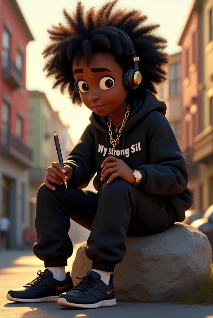 Disney Pixar (YOUNG BLACK MAN WITH LONG, CURLY BLACK HAIR) He's sitting on a rock, with headphones, writing music, through the streets of your neighborhood, in a black sports jacket with Wy Strong Sil writing, Wide black pants, black sneakers, many gold threads around the neck, gold watch on wrist, ( It doesn't change the appearance of the face and the hair is already perfect) pixar, cool and stylish