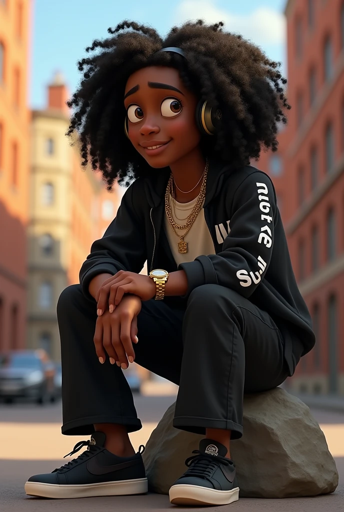 Disney Pixar (YOUNG BLACK MAN WITH LONG, CURLY BLACK HAIR) He's sitting on a rock, with headphones, writing music, through the streets of your neighborhood, in a black sports jacket with Wy Strong Sil writing, Wide black pants, black sneakers, many gold threads around the neck, gold watch on wrist,  ( It doesn&#39;t change the appearance of the face and the hair is already perfect) pixar, cool and stylish