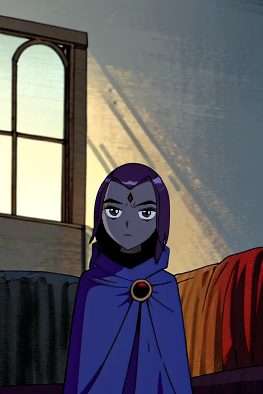 white raven, 1girl, solo, short hair, purple hair, hood, cape, colored skin, cloak, grey skin, forehead jewel, room, living room,, from below