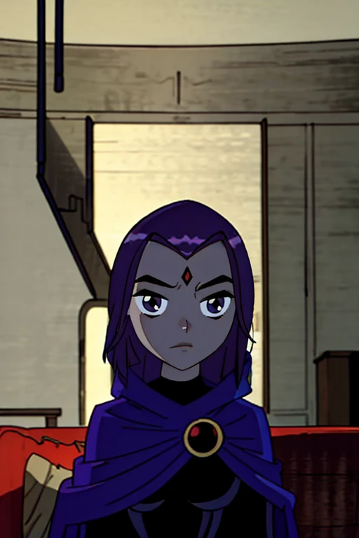 white raven, 1girl, solo, short hair, purple hair, hood, cape, colored skin, cloak, grey skin, forehead jewel, room, living room,, from below
