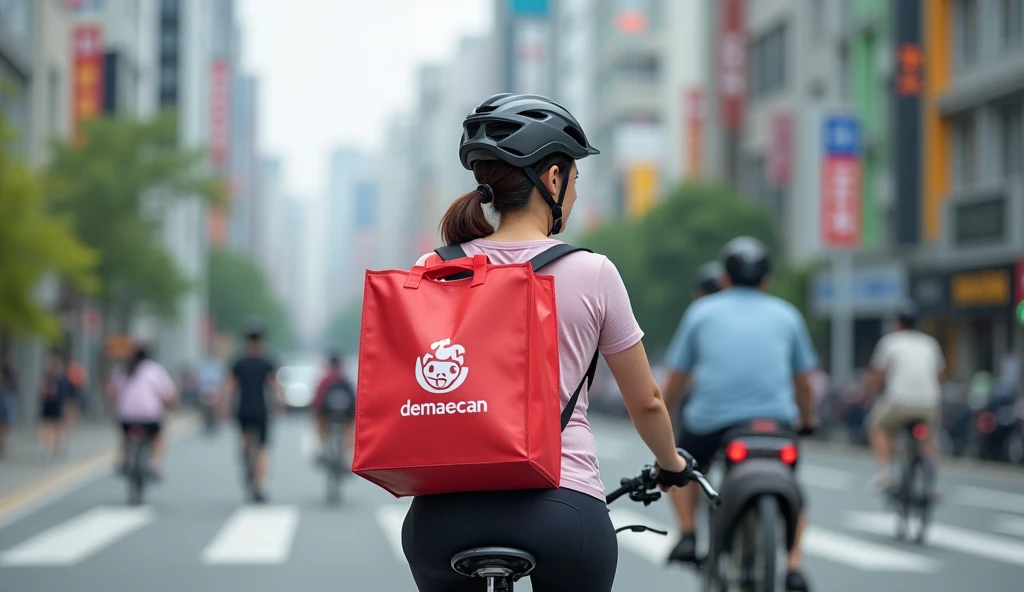 A cute Japanese woman is wearing a bicycle helmet and riding a cross bike through a busy street from the right, carrying a red delivery bag with the Demaecan logo on it.