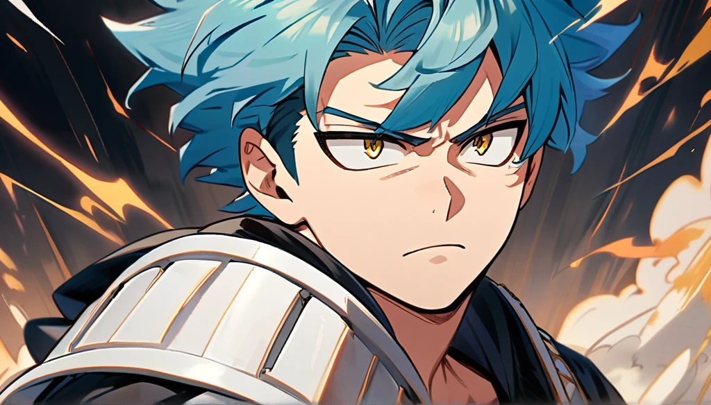 A serious,blue-haired, Wavy shoulder-length gold-eyed 17 years old boy, With a black jacket with white details and white pants, Good anatomy, , Boku no hero academy style