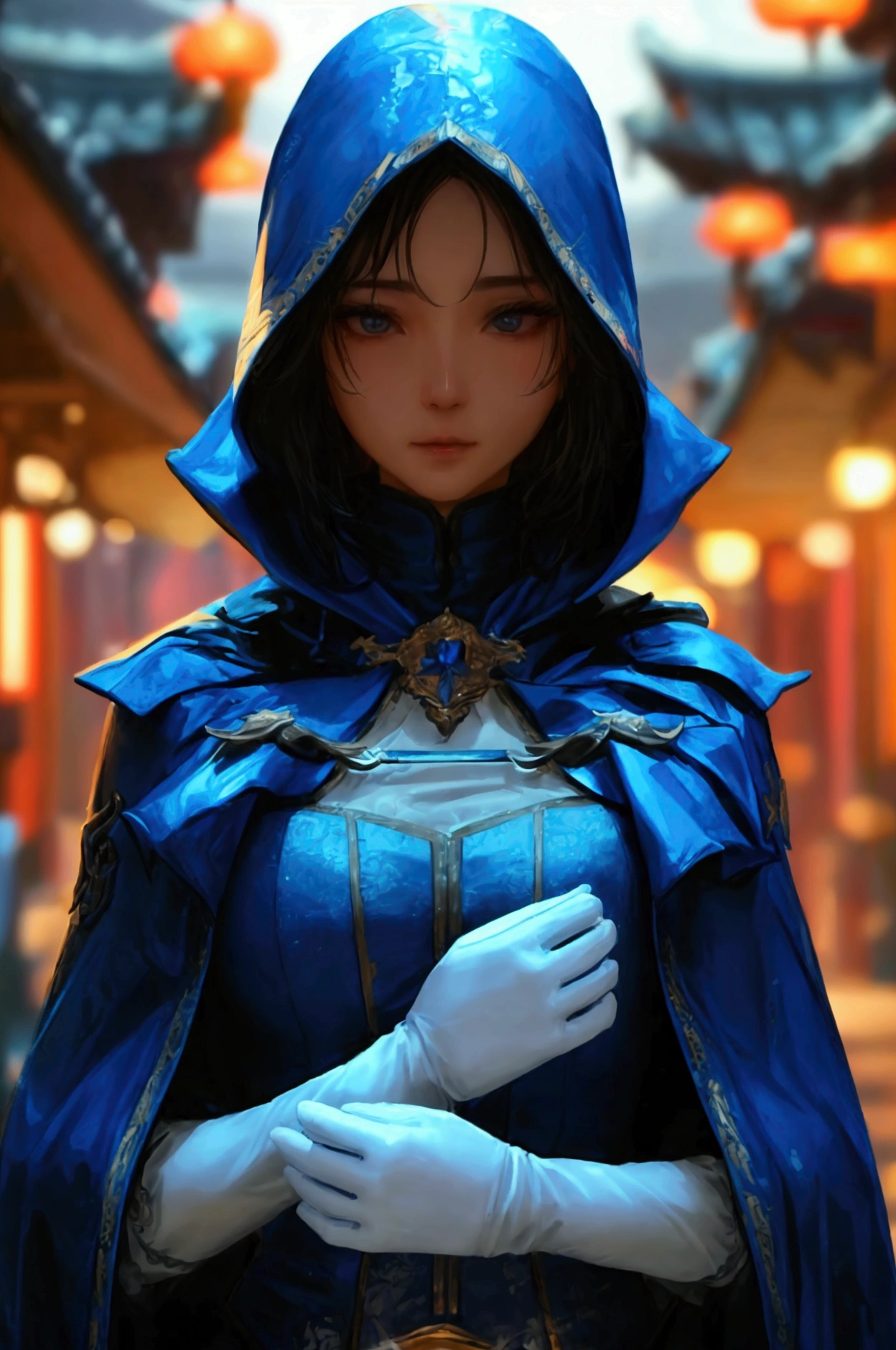 South korea women mystery hooded on with modern royal Blue coat with buttons and royal Blue cape and very high white heel over the knee and white gloves, As she reveals a small secret hidden blade, adding to the character’s mysterious and agile appearance, with small movements of air on the cape, in summer at night under the rain, with buildings featuring curved eaves and detailed architecture. The scene is set at night, she slit a person's throat , intricate detail, ultra detail, incredible detail, intricate detail, extremely detailed and intricate, super max, masterpiece, best quality, HDR, UHD, unreal engine. , beautiful face, Rich in details High quality, gorgeous, captivating, 8k, super detailed, stunning shadows, detailed lines