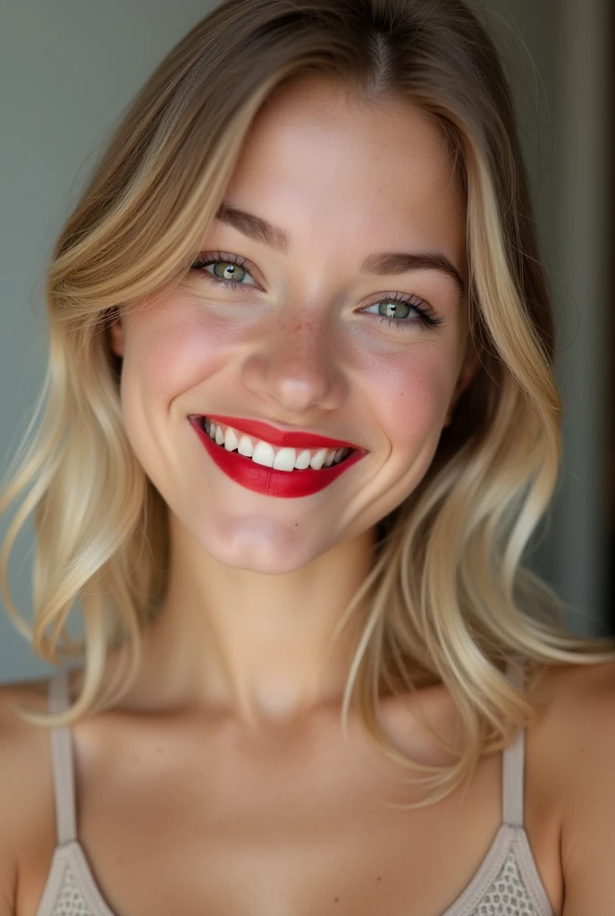 closeup of a female teen’s face wearing red lipstick and smiling softly, naturally blonde hair, wearing transparent bra