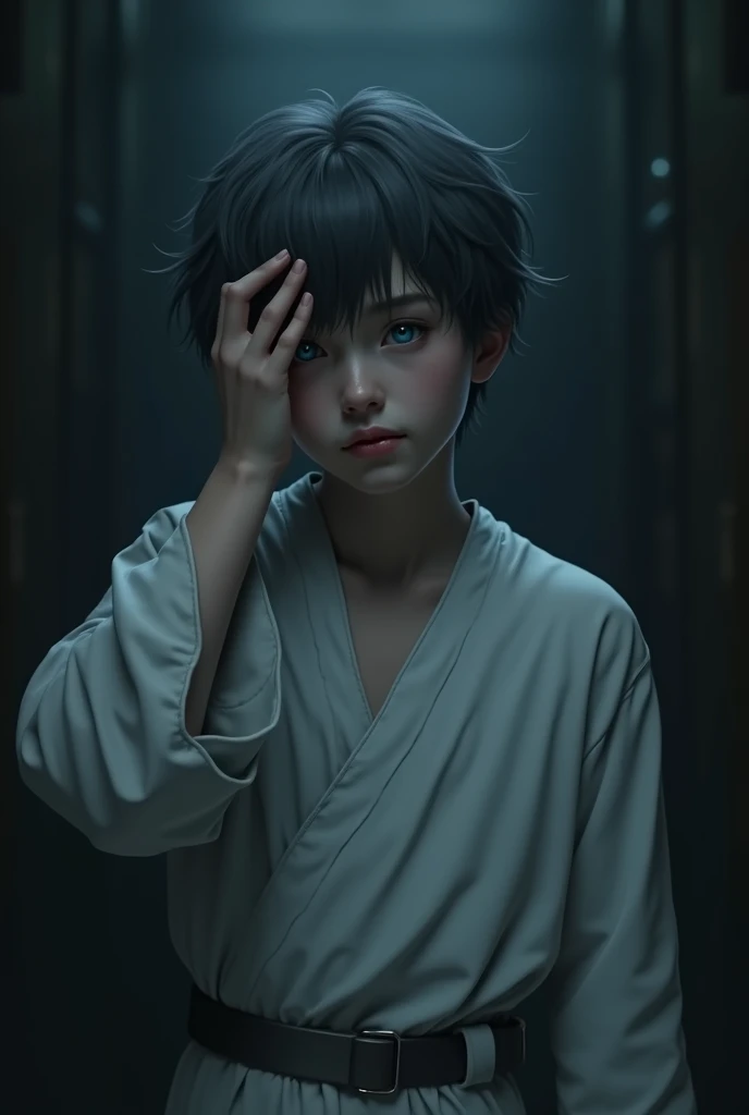 (masterpiece, Best Quality:1.2), dark environment, deep and marked darkness.Focus only, Upper part of the body, 14 yo boy, hand on temples, headache gesture, macabre smile, Dark grayish hair, blue eyes, white tunic futuristic style,