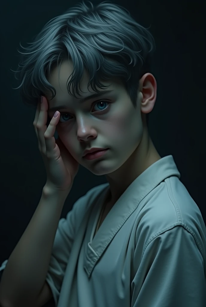 (masterpiece, Best Quality:1.2), dark environment, deep and marked darkness.Focus only, Upper part of the body, 14 yo boy, hand on temples, headache gesture, macabre smile, Dark grayish hair, blue eyes, white tunic futuristic style,