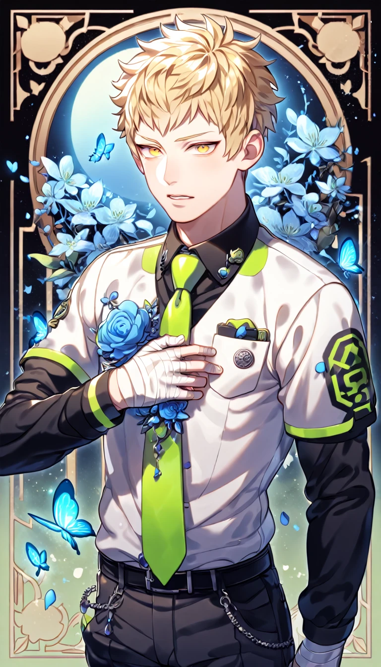 absurdres, highres, ultra detailed, HDR, master piece, best quality, extremely detailed, Noiz, blond hair, short bangs, expressive yellow eyes, Dramatical , solo, sexy m handsome, manly man, sensual, horny, whollared shirt with a long sleeved black undershirt, a light-green tie, badges on his chest pocket and tie, bandages on the hands, fantasy, magical, blue moon, blue flowers, blue butterflies, bpetals, blossoms, water