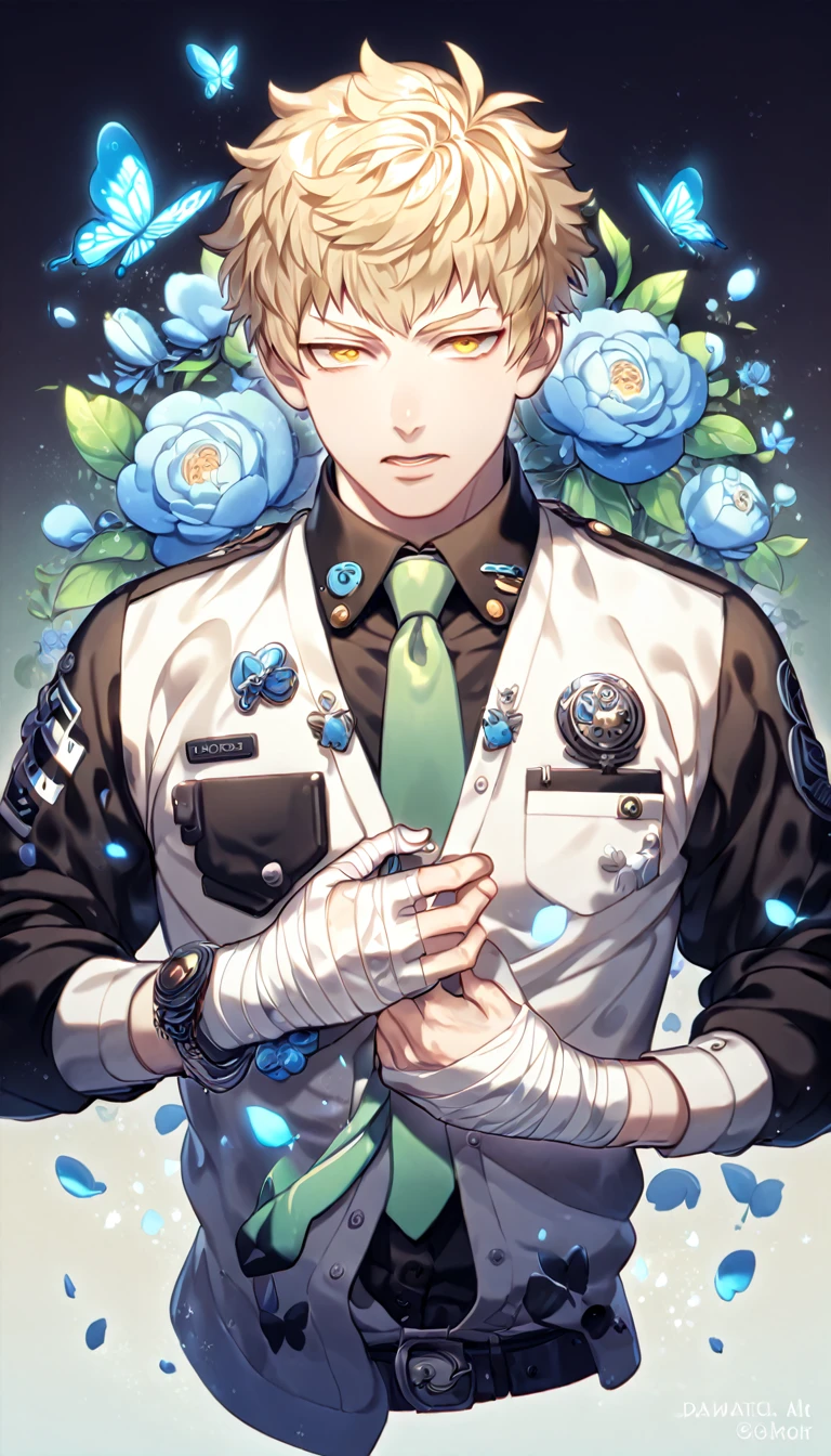 absurdres, highres, ultra detailed, HDR, master piece, best quality, extremely detailed, Noiz, blond hair, short bangs, expressive yellow eyes, Dramatical Murder, solo, sexy man, handsome, manly man, sensual, horny, white collared shirt with a long sleeved black undershirt, a light-green tie, badges on his chest pocket and tie, bandages on the hands, fantasy, magical, blue moon, blue flowers, blue butterflies, blue petals, blossoms, water