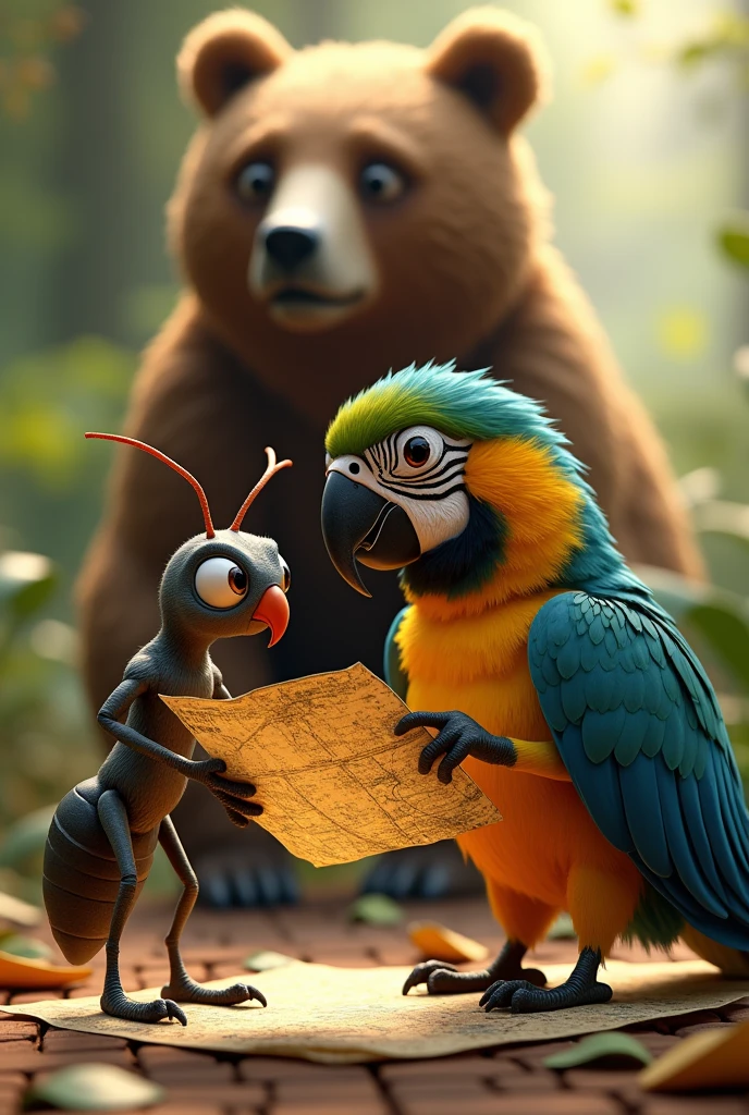 The ant next to the parrot looking at the map and a surprised bear