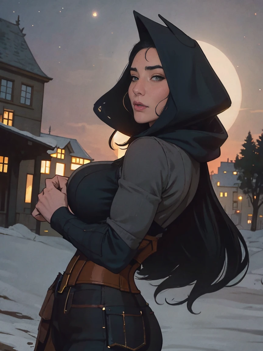 Gorgeous and sultry busty athletic (thin) brunette rogue with sharp facial features wearing a wide hood, medieval hair cover, rough-spun grey and black medieval thief attire, mask, long sleeves, loose sleeves, tunic, cowl, gloves, breeches, trousers, corset, Middle Ages, village, exterior, trees, countryside, nighttime, moonlight.