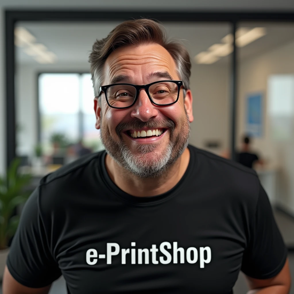 A man, Calcasian, straight hair, very short, dark brown, black glasses frame, no beard, fat, smiling and excited, brown eyes and happy look, aged between 50 and 55 years old, black t-shirt and written in white "e- PrintShop" sans serif and bold letters, character in the foreground.
Background: office room.