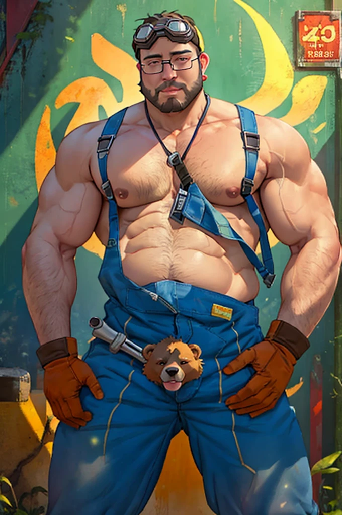 george pei, 1boy, solo, mature male, masterpiece, round face, short beard, stumble, glasses, stocky body, gay bear, big chest, muscular, ((best quality)), ((masterpiece)), ((realistic)),Disney,animation,8k wallpape,A handsome 30-year-old muscular male,broad shoulders,(fat body),puffy nipple,musclebears,chubby,large pectorals, mechanicoveralls,naked overalls,gloves,holding wrench,goggles on head,backwards hat,in front of off-road vehicle, relaxed,earrings,dog tag,spread legs,thick thighs,masterpiece,best quality,highly detailed,perfect lighting,
