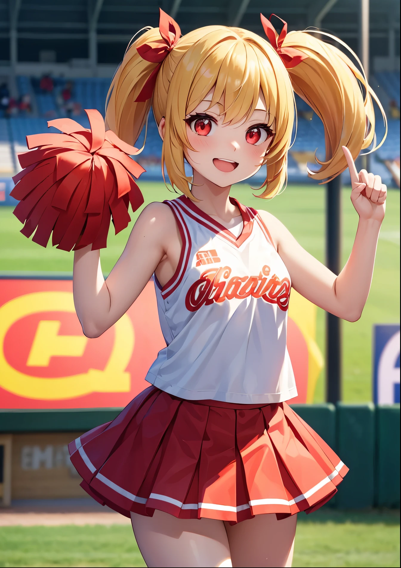 One girl, smiling, big mouth smile, droopy eyes, cheerful expression, big eyes, blond twin-tail hair, red ribbon, small breasts, cheerleader, moe logo on chest, cheering for baseball, holding a bonbon, 5 fingers, both hands, quality fingers, focus on face, from front, red eyes, no shadow on background, high quality, no shadow on background high quality