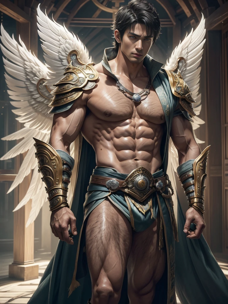 Create a hyper-realistic, highly detailed lifelike image of Archangel Chamuel in his mid-30s with a Japanese appearance, long, flowing, wavy black hair, gold-plated armor on his shoulders and , and six large wings on his back. He has chiseled abs, a muscular build, and large biceps, standing at 7'8" tall. The image should capture him walking throughout the Garden of Eden, with an ethereal glow and serene beauty, ensuring all is going smoothly with God's creation, surrounded by lush, vibrant grass with a gentle breeze rustling the blades.masseter membrane、well built、Asian male celebrity_put on eyes、(eBlue eyes)、Have a pair of huge open wings，largeeyes！largeeyes！Straight nose！largest wing root，(Have a pair of huge wings，There are white feathers on it) Asian male celebrity、Xiao Zhan、chest muscle、sports student、cool guy、young、Brush cut、gay twinks、scantily clad、Brush cut！Nod and pull your head five times, etailed, Best quality, Strong light illumination, Focus sharp, theater audience, The upward lens is closer to the body, (( Lean Body Fat 15%，short hair the detail！ shave the Sides short, silver whey health, My  is hairy, bodyhair, , Showing shaggy’s armpits, shaggy legs, silber hair muscular jigachad, Super buff and cool, aged , shaggy, a screenshot by Adam Dario Keel, reddit, Photographic realism, , and face, artem, Bigchest, Upper part of the body, Fluffy, Muscle tissue, attractive male, shaggy body, Gigachard The Art of muscular Abnormality, New row added, Tanaka Ryu HD, fukaya yuichiro, Yoshifumi Ujima, Akikazu Mizuno, style of kentaro miura, Shen Until, shin-hanga, yoshida , Tanaka Ryu HD, New row added, fukaya yuichiro, Yoshifumi Ujima, Akikazu Mizuno, style of kentaro miura, Shen Until, shin-hanga, yoshida, hideo minaba, Chad handsome charming male，Side ，Inspired by the realistic photos of Ludovit Fula, placed in a, sweaty abs, Well-defined abs, attractive body, firey wings.