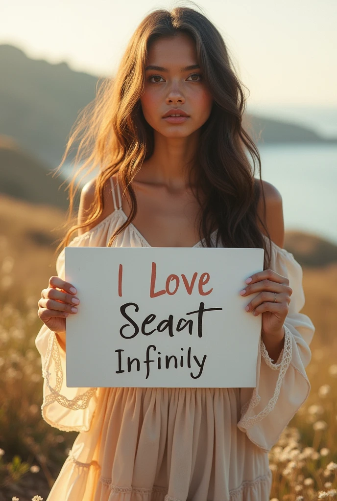 Beautiful girl with wavy long hair, bohemian dress, holding a white board with text "I Love Seaart Infinity" and showing it to the viewer