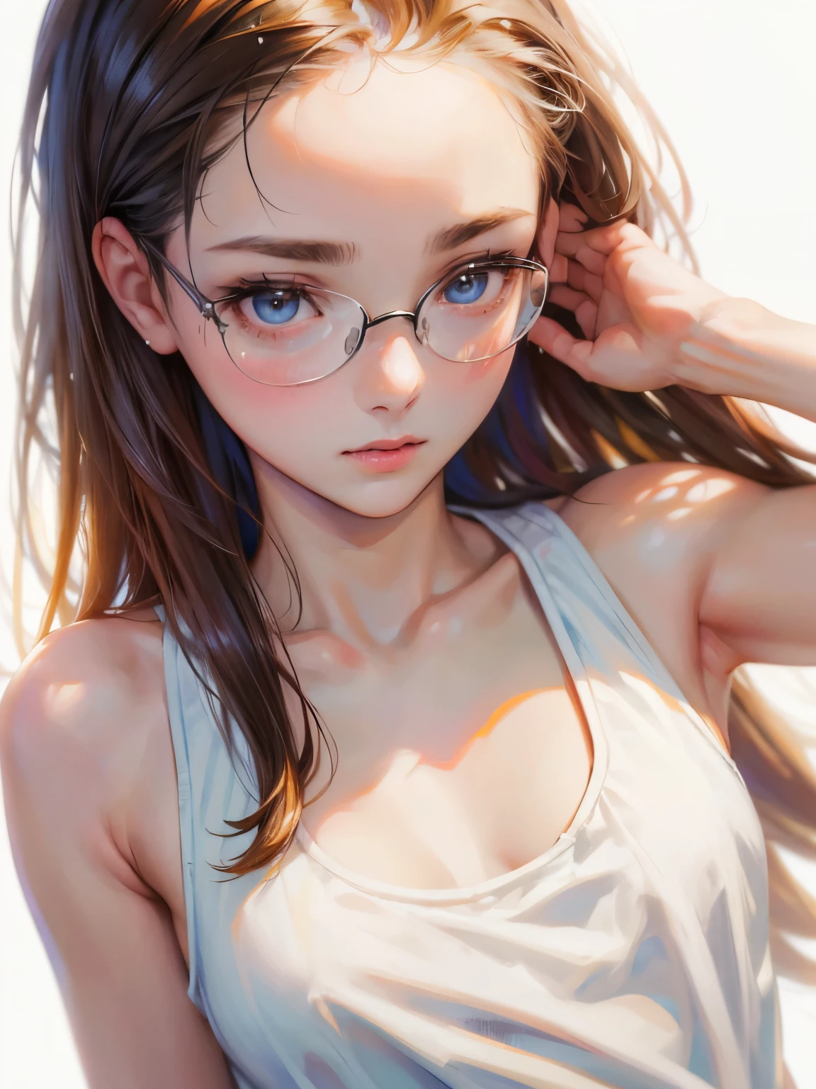 art, Colored pencil drawing, draft, White background, nsfw, (masterpiece:1.2, highest quality), (Realistic, photoRealistic:1.4), Beautiful illustrations, (Natural Side Lighting, Cinema Lighting), Written boundary depth, Beautiful thighs staring at the viewer, (((Face Focus, Upper Body))), 1 female, 20-year-old, alone, thin, slender, (small breasts), long Hair, straight Hair, Forehead, Forehead, Forehead, Forehead, thin, slender, glasses, (((white tight tank top))), Are standing, ((Close-up)), ((Close-up)), ((Close-up))