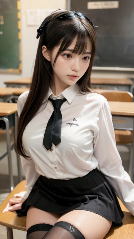 The pieces fly, Highest quality, figure, Very detailed, The finer details, High resolution, 8k,wallpaper, Perfect dynamic composition,(Detailed high quality, Realistic depiction of eyes:1.3), (White school shirt :1.2), (Checked skirt :1.3), Black tie, Black thigh-high stockings, Sitting, Leg spread, In the classroom, Background blackboard, Deep in the field, Large Breasts, Black hair color, Big Natural Color Lip, (Perfect figure), Crying a little、Cold Stare, Harajuku Style、20-year-old girl、Cute type、Lolita、Beautiful feet, Idol Sculpture