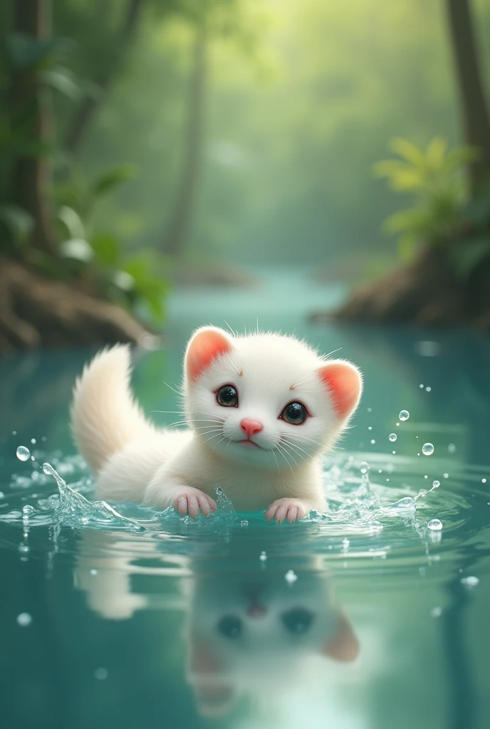 Cute white ferret swimming 
