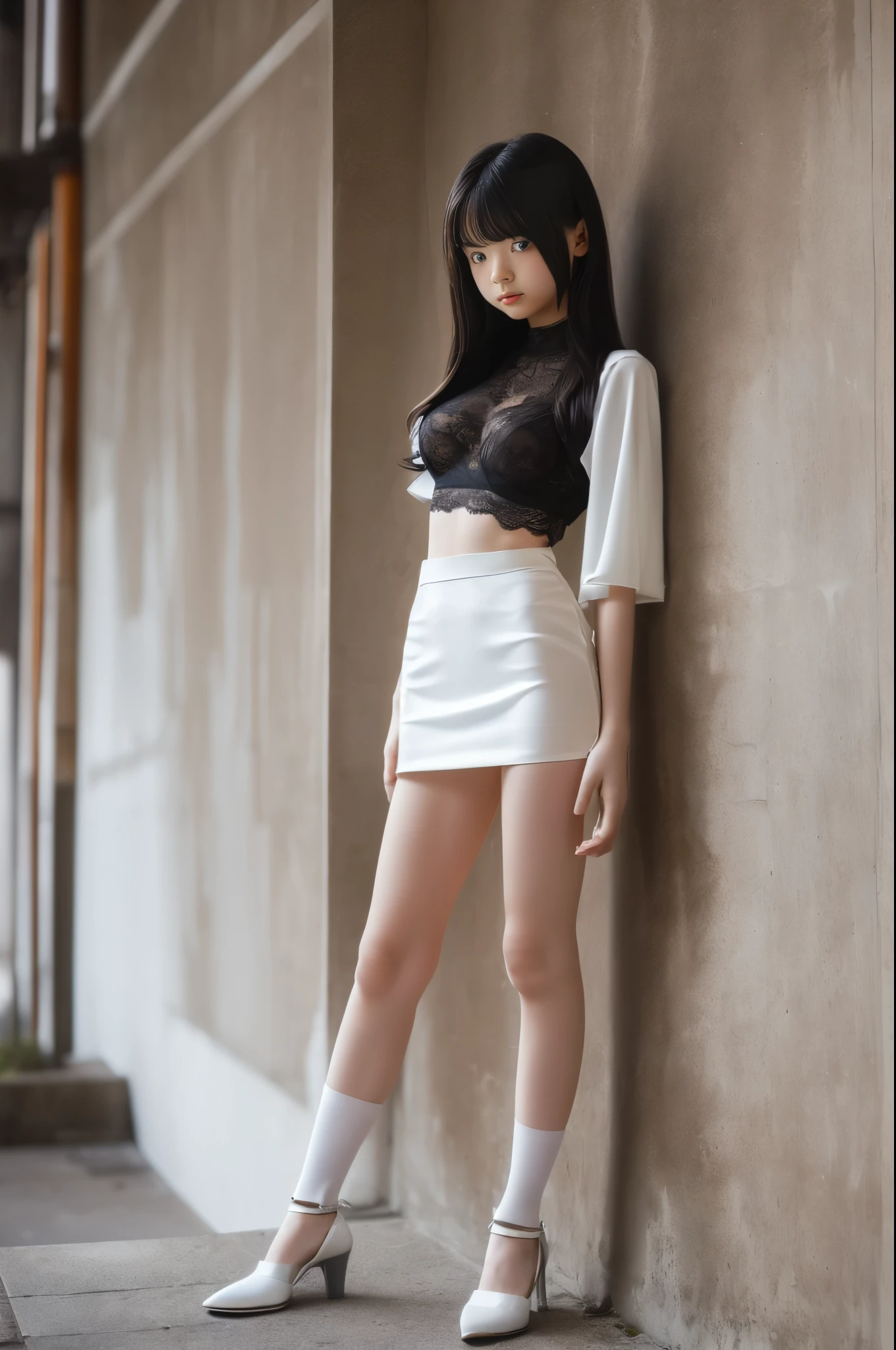 (A -yeld Jaese girl with a very slim figure, Firm and small breasts, a thin waist, and a very cute, baby faceFull body portrait:1.5)),very narrow waist,All pure white sheer tight miniskirt lingerie, lace gloves, high heels and garter stockings,Frightened look,Standing empty-handed and looking away,girl is looking somewhere,Secretly taken from the side at a distance:1.5