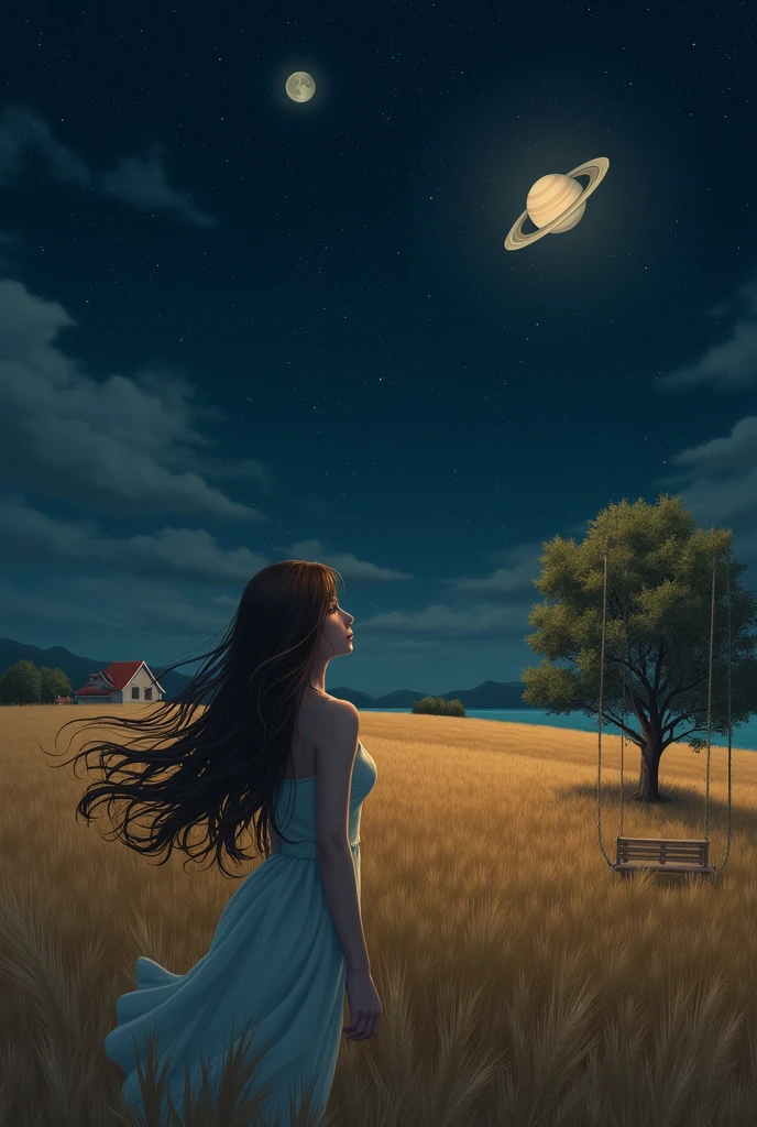An image in the field at night, a woman with long brown hair (fluttering) on your back under a tree that has a swing. It&#39;s night and you can see the stars in the sky, a lua e os aneis de Saturn, Saturn. The sky is dark. She is in a wheat field, and far on the horizon you can see a small house, Saturn da pra ver no ceu pequeno ao lado da lua