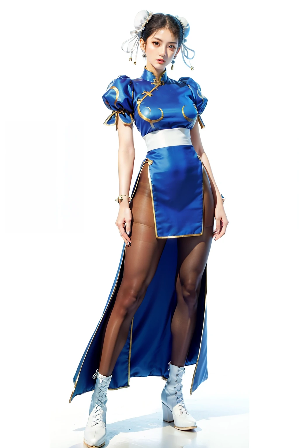 tall, hands on crotch, shy,white background,chun-li, standing,Bun head,bun covers, boots, bracelet, brown pantyhose, china dress, blue china dress color, chinese clothes, blue china clothes color,cross-laced footwear, dress, gold trim, jewelry,20 denial pantyhose, brown pantyhose color,pelvic curtain, puffy sleeves, sash, short sleeves, side slit, spiked bracelet, spikes and white footwear, beauty face, huge breast, thick tight