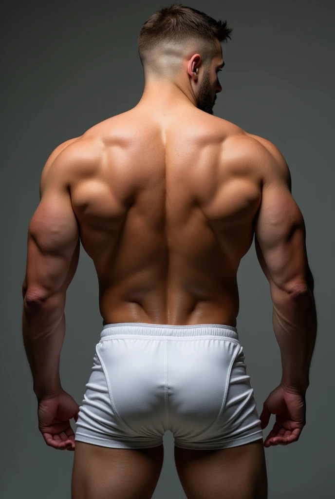 masseter piece、well-built、Full body photo、25 years、rugby players、Wild、BBW、muscular、eyes、masculine people、with short hair、fade cut. full body. , bubble butt, . white jeans, same model but hes wearing white underwear and showing his backside 