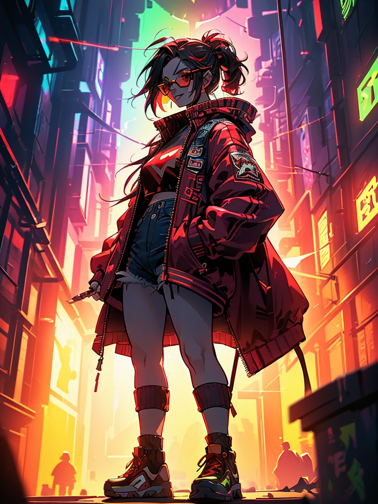 Devil girl with cyberpunk accessories, The glasses are half covering his face, Cyberpunk Long Hair, Red hair,Thick lips, Devilish smile, (((Wearing a red cyberpunk jacket, White high top sneakers with socks, Denim shorts))), Small, round breasts, Big Ass, Strong thighs, {Highly detailed 16K CG unit wallpaper}, Vast landscape photography, (Low view focused on character, setting), (Wide field view), (Photo Low angle), (highlight: 1.4), (Low Light: 1.4), (Warm light source: 1.5), Intricate details, (Rainbow colors: 1.4), (Bright lighting), (Atmospheric lighting), dream-like, single,neon,night,High resolution, Highest quality, High-resolution model, High detail,