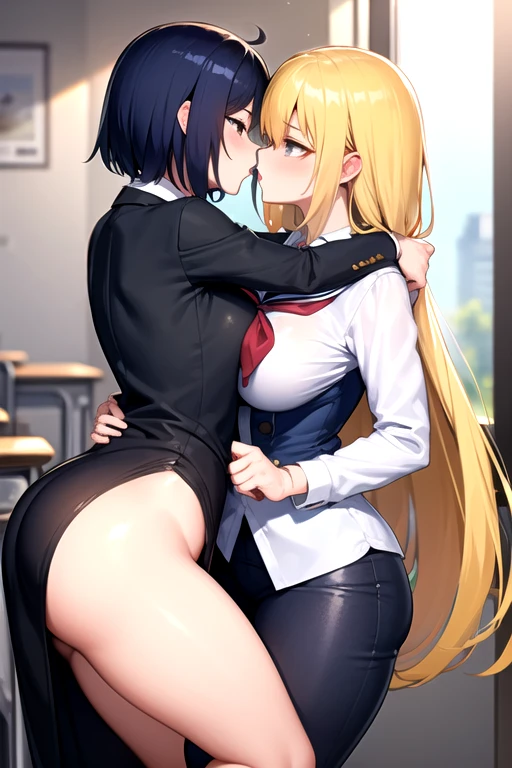 Lesbian (very long loose yellow hair)(big breasts, big thighs)(with school uniform clothes it is very tight) that he is kissing at school with his girlfriend,(big breasts, big thighs)lesbian love