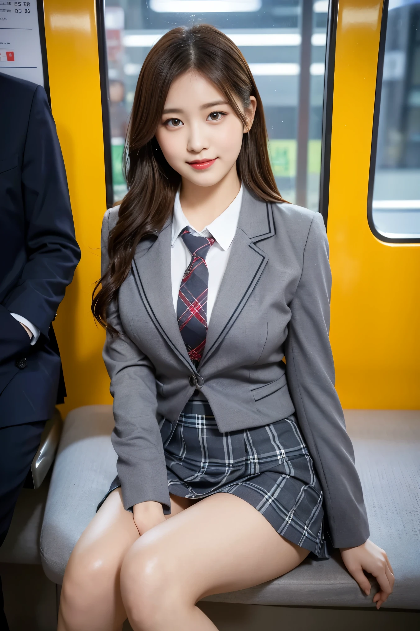 (8K), (highest quality: 1.2), (realistic), (realistic: 1.37), ultra high resolution, 1 girl, cute, smile, closed mouth, (red lip1.2),led cheak,beautiful details, beautiful nose, wet hair, giant dulcefo, pork, thighs,Self snap,University Student Uniform,Sitting on a Tokyo train,simple blazer,pleated skirt,(The pattern of the gray skirt and tie is a tartan check pattern..:1.3),cross your legs,thighs, panty hose