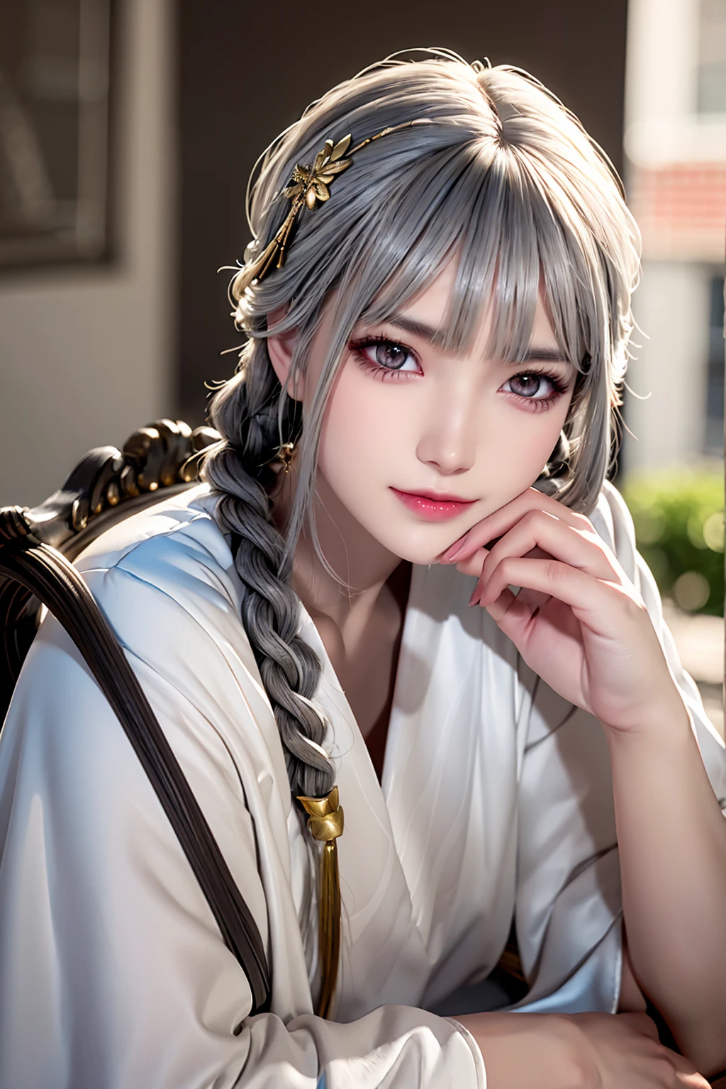 Highest quality, masterpiece,Gray Hair, Golden Eyes,White clothes, look up, Upper Body,hair,Fair skin,Side braid