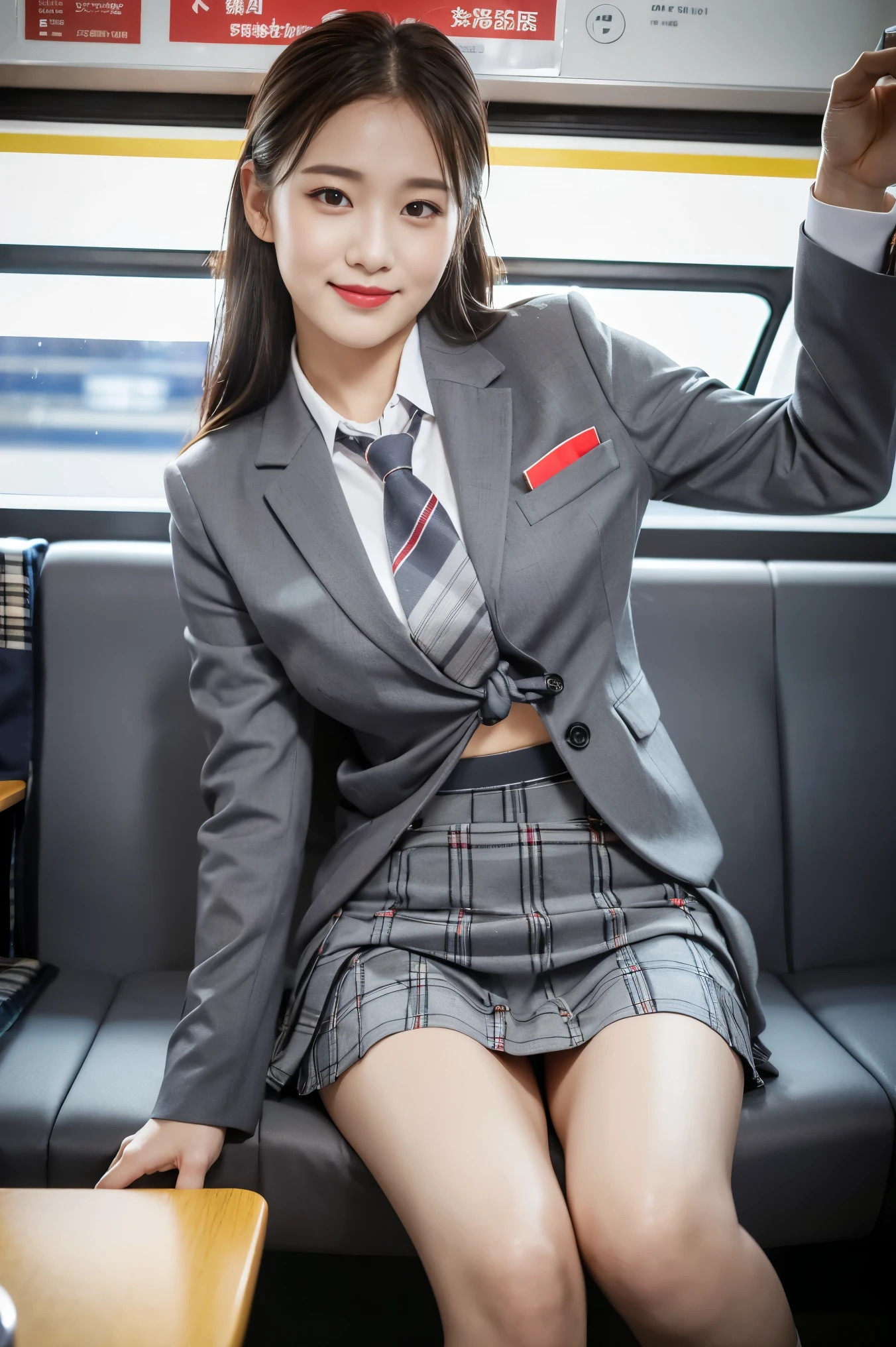 (8K), (highest quality: 1.2), (realistic), (realistic: 1.37), ultra high resolution, 1 girl, cute, smile, closed mouth, (red lip1.2),led cheak,beautiful details, beautiful nose, wet hair, giant dulcefo, pork, thighs,Self snap,University Student Uniform,Sitting on a Tokyo train,simple blazer,pleated skirt,(The pattern of the gray skirt and tie is a tartan check pattern..:1.3),cross your legs,thighs, panty hose