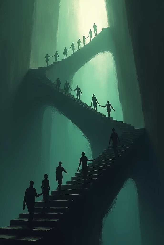 Silhouettes of people climbing a giant staircase with uneven spiral steps and turning around to help others climb up