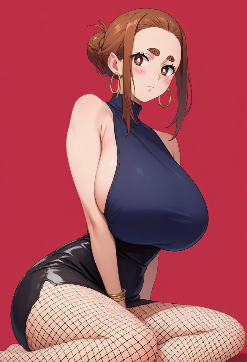 score_9,score_8_up,score_7_up,score_6_up,anime_font,ogawa sumireko, 1 girl, (((huge breasts))), hair up in a bun, bushy eyebrows, very short black sleeveless dress with high collar,, fishnet pantyhose, hoop earrings, bracelets, blushing, looking at viewer, sexy posture,
